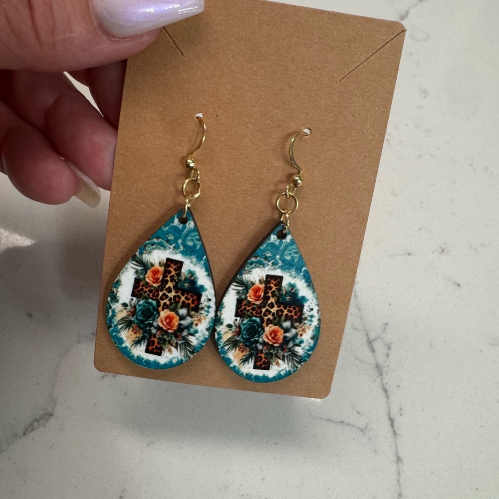 Teardrop Floral Cross Earrings in Teal and Leopard Print